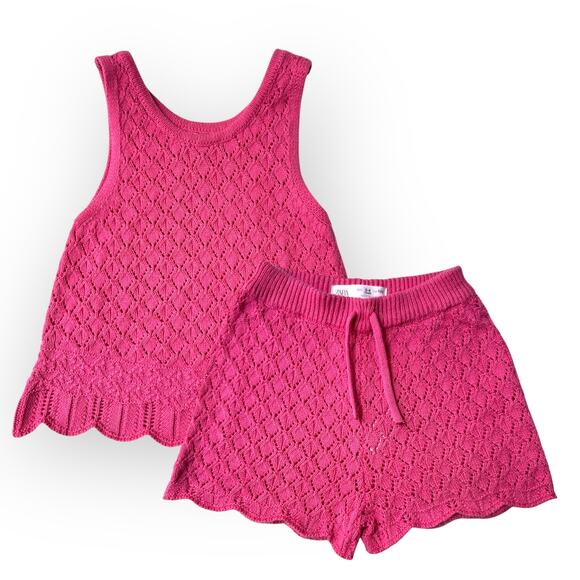 Zara Open Weave Knit Scalloped Top and Shorts Set Size 3-4 years Fuchsia Pink - Picture 1 of 14